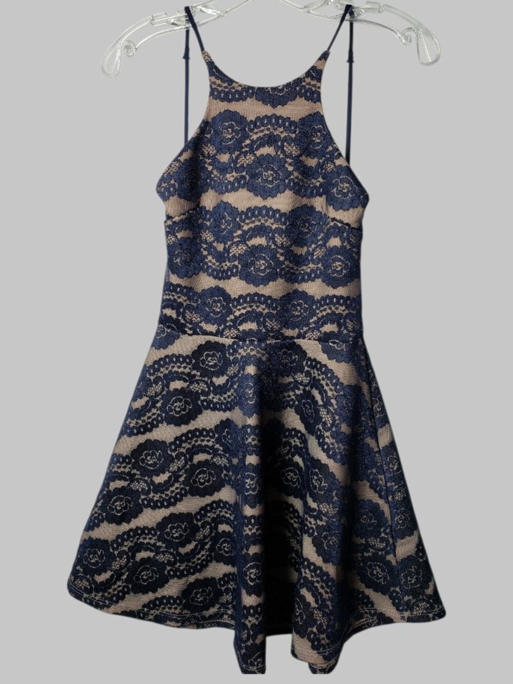 ANGL Nude Lace Fit & Flare Skater Dress Open Back Party Dress Navy Blue Medium - Picture 2 of 14